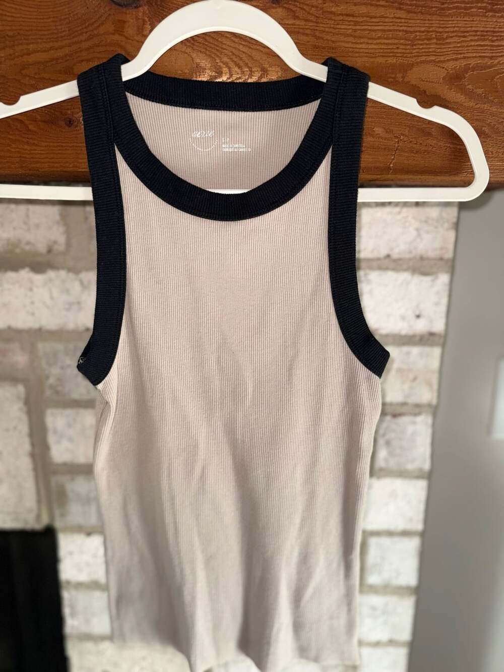 Aerie Ribbed Tank Top Size S Beige Black Trim